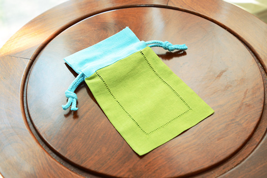 Hemstitch sachet bag, multi color, hot green & aqua top - Click Image to Close